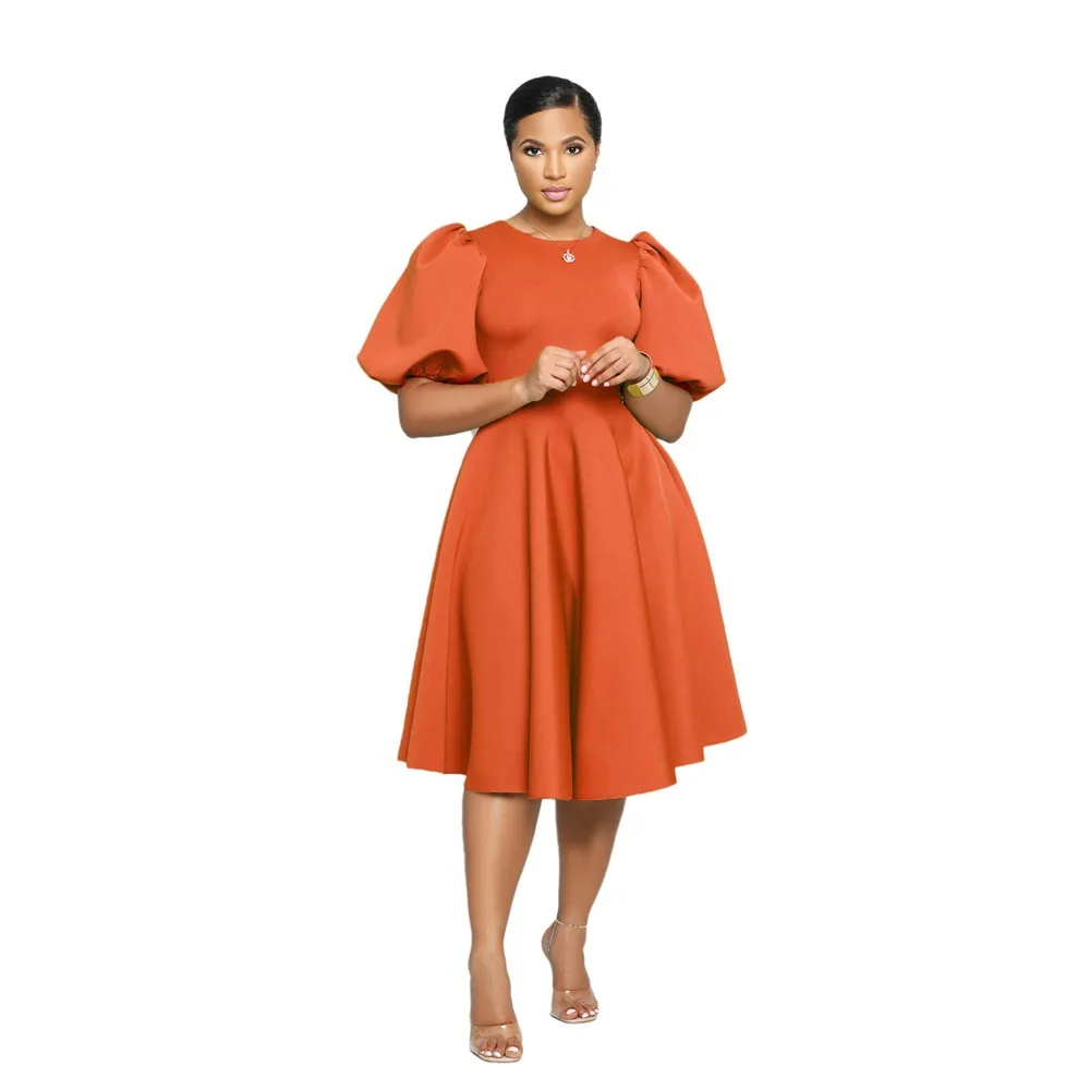 

Африканские платья из полиэстера для женщин, Осеннее Африканское женское платье с коротким рукавом, черное, апельсиновое, Синее Платье До Колена, африканская одежда