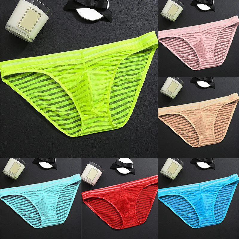 

Men Low-Waist Ultra-Thin Transparent Mesh Bulge Pouch Underpants Striped Stretchy Breathable Cool Summer Ice Silk Underwear