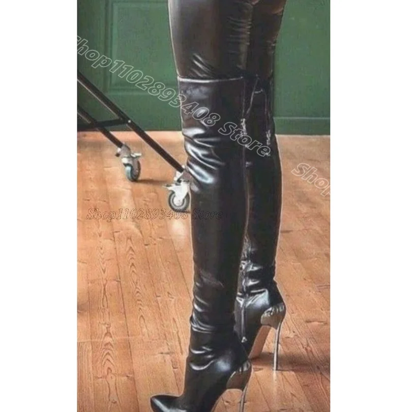 Женские эластичные сапоги на каблуке Черные Сапоги выше колена с острым носком в
