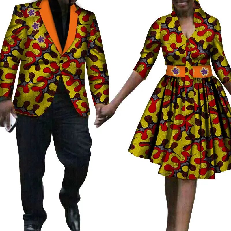 

African Couples Party Clothing Wax Print Men Suit Jacket plus Women V-neck Slim Evening Dress Dashiki Riche Suits Partywear