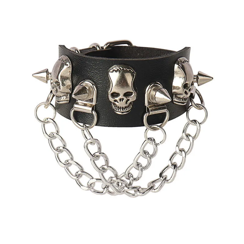 2022 Skull Star Heart Punk Gothic Rock Three Row Metal Stud Spikes Rivet Pu Leather Wristband Bangle Wide Cuff Bracelet images - 6