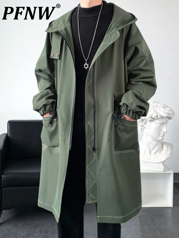 

PFNW Men's High Street Loose Personality Windbreaker Hooded Zipper Autumn Winter New Tide Mid-length Thin Male Overcoat 12V127