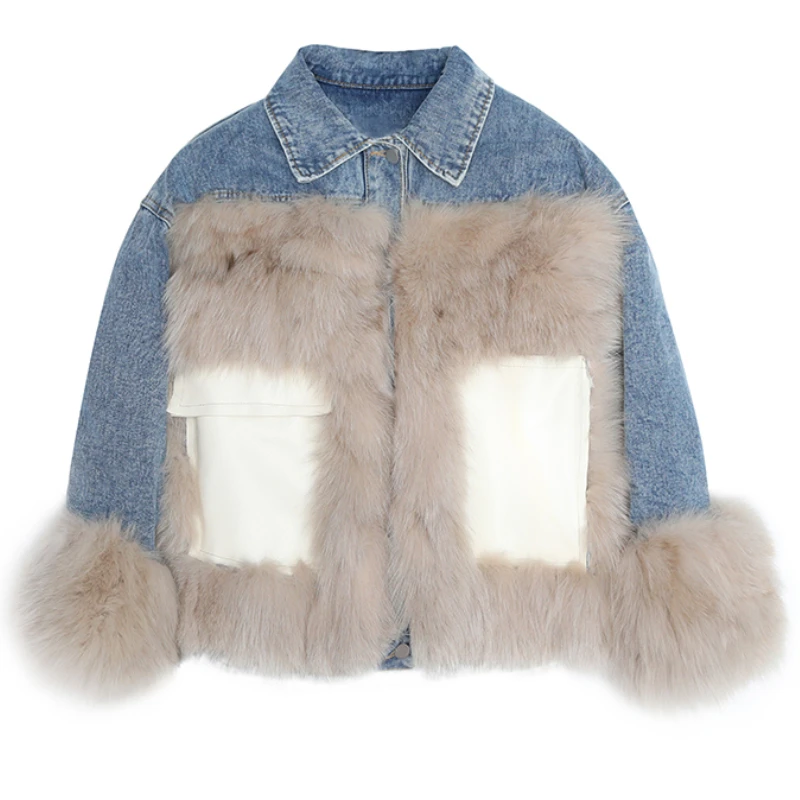 Women  Velvet Thickening Long Sleeve Coats Fall Korean Style Female Loose Imitation Fur Turf Pocket Stitching Denim Jackets