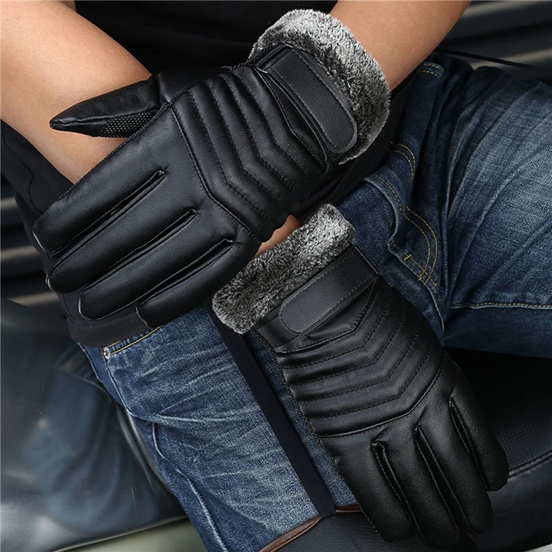 

1 Pairs Cycling Driving Windproof Gloves Velvet Warm Mittens Black Non-Slip PU Leather Touch Screen Men Winter Gloves