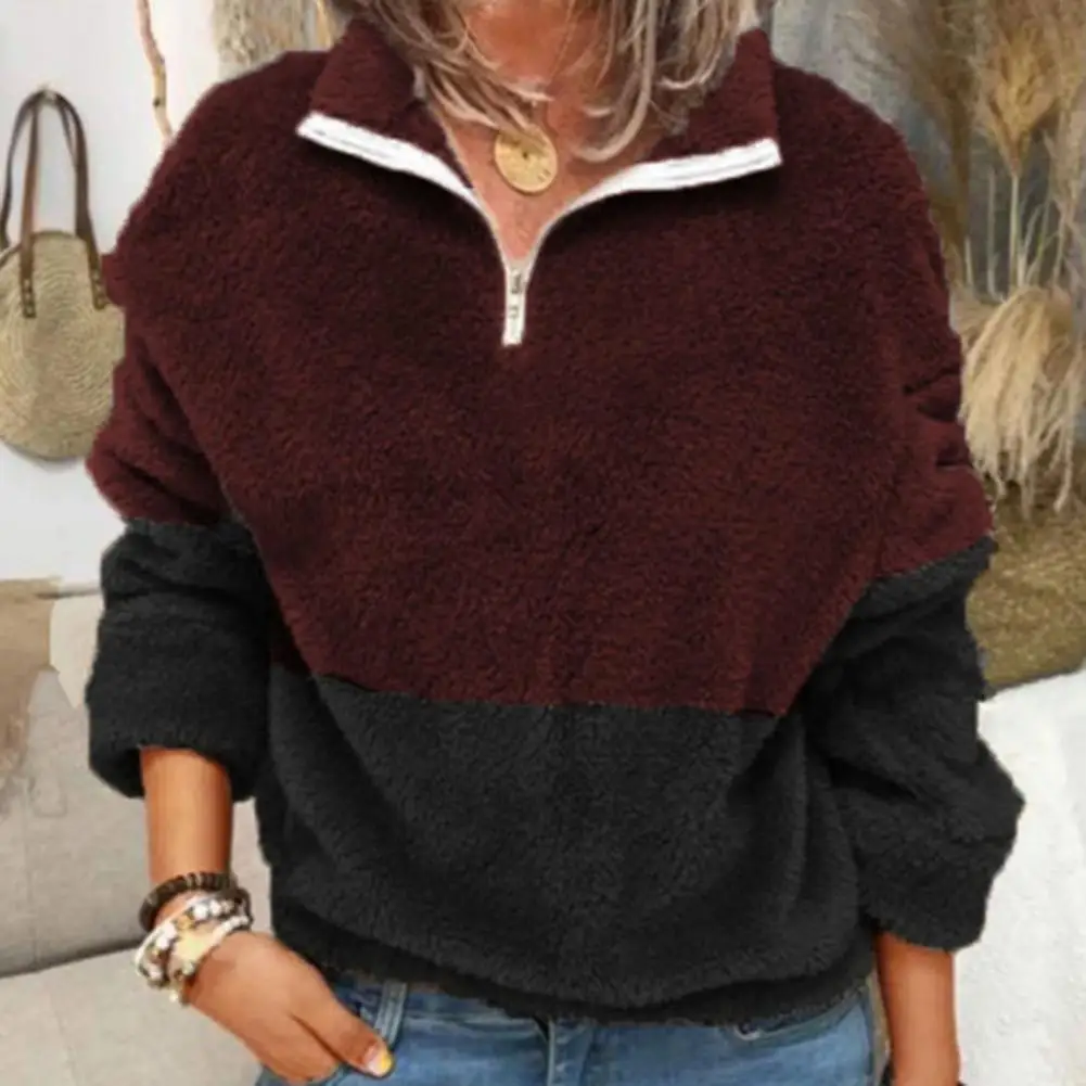 

Women Winter Sweatshrit Turn-down Collar Solid Color Long Sleeves Thick Pullover Keep Warm Autumn Sweatshirt for Daily Wear