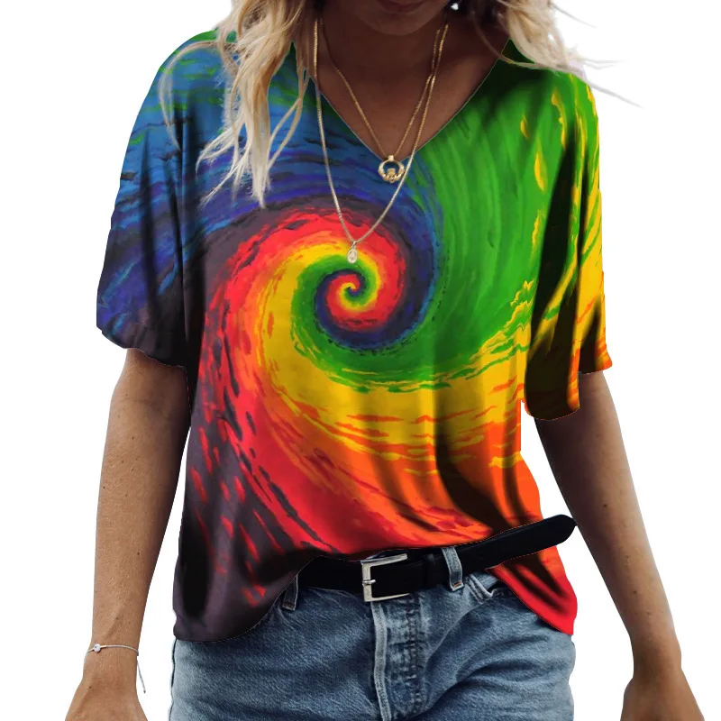 

Summer Women T-Shirts 3D Fashion Print Gradient Harajuku T Shirt Oversized Tees for Ladies Clothing New Short Sleeve V-Neck Tops