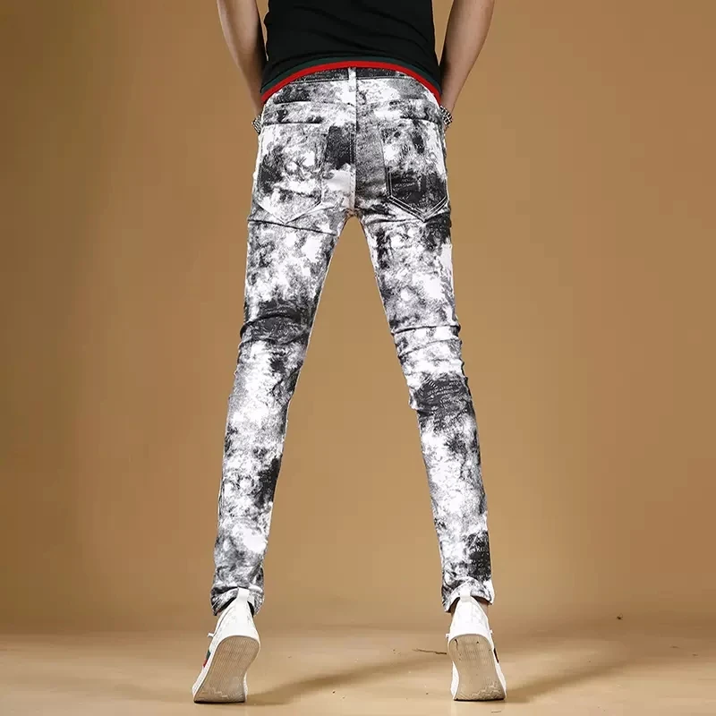 Autumn Men Fashion Printed White Jeans Streetwear Casual Slim Fit Straight Pants Korean Style Digital Printing Denim Trousers
