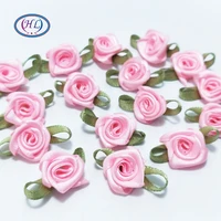 hl 100pcs wholesale retail pink rose ribbon flowers with leaf appliques wedding decoration diy sewing crafts a989