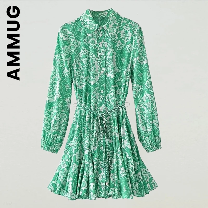 

Ammug Fashion Dress Women Long Sleeve Green Print Shirt Dress Simple All-Match Sweet Dress Vintage Cheap Dresses Vestidos