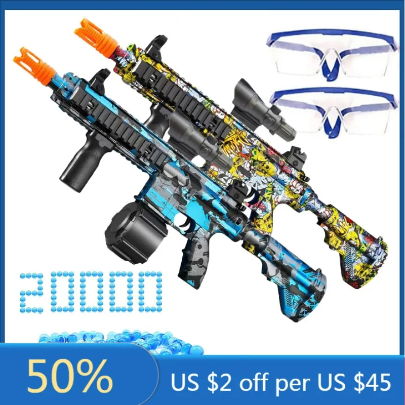 

2 Pack M416 Electric Splatter Gun Semi-Auto Mode 2 in 1 Gel Ball Blaster with Safety Goggles 10000 Beads for Outdoor Kids