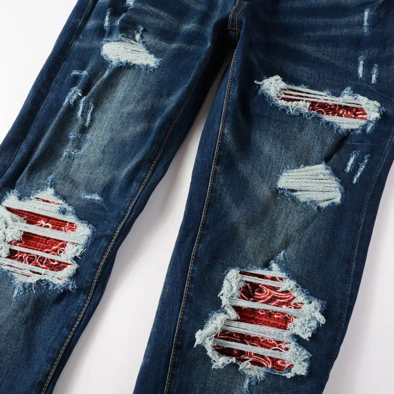 High Street Fashion Men Jeans Retro Washed Blue Stretch Skinny Ripped Jeans Men Red Paisley Patched Designer Hip Hop Brand Pants