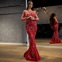 luxury mermaid long sleeve crystal beading wedding banquet party formal occasion evening dress