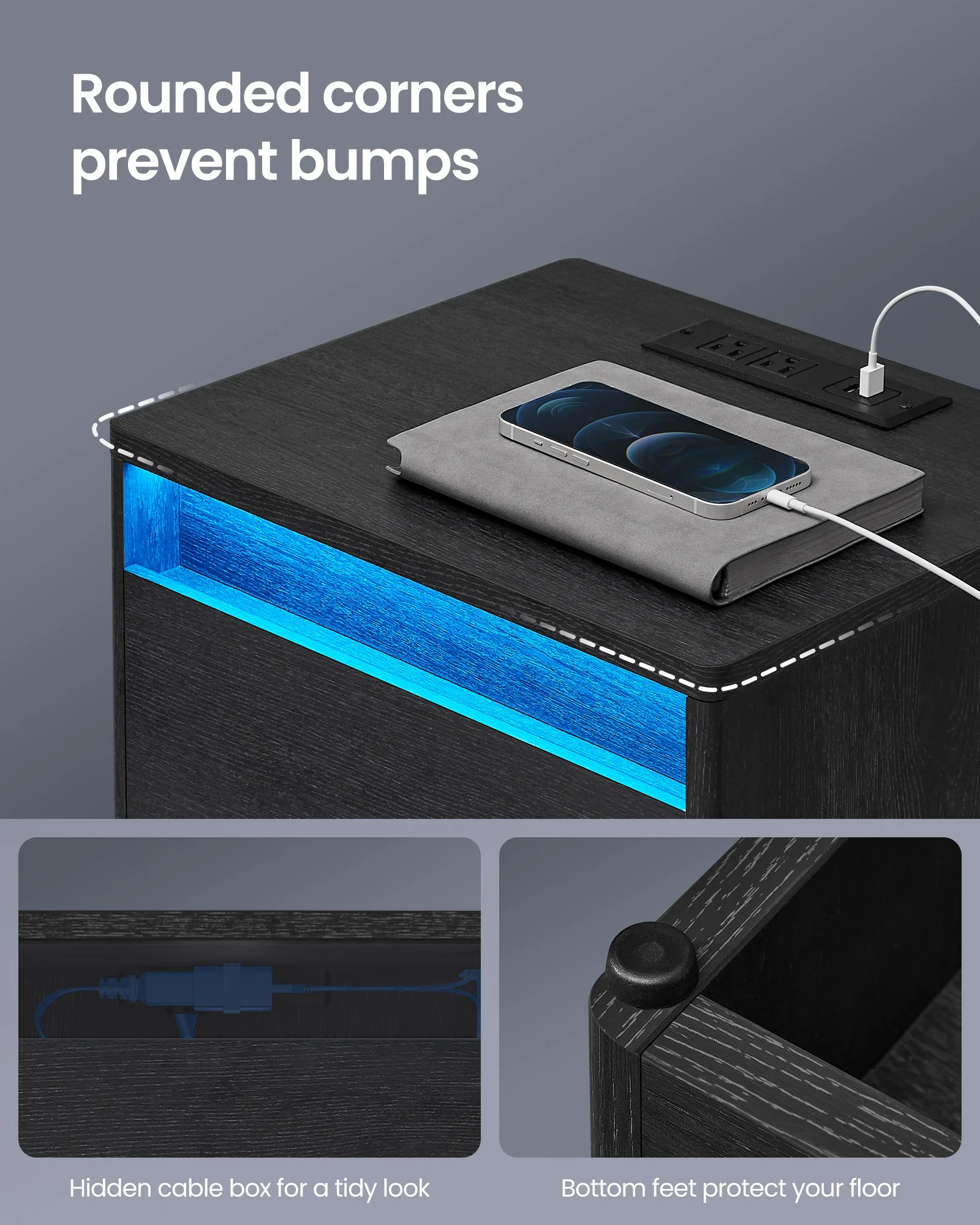 table de chevet inteligente умный прикроватный столик USB светодиодный черный торцевой