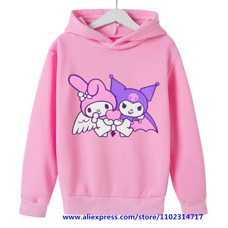 

Толстовка с капюшоном Hello Kitty Kuromi, свитшоты с длинным рукавом для девочек, детские весенне-осенние повседневные топы с капюшоном для детей