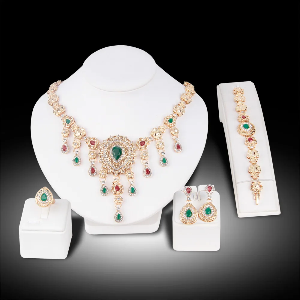 

4-piece European and American retro tassel ethnic style gemstone necklace set exaggerated necklace earrings jewelry set