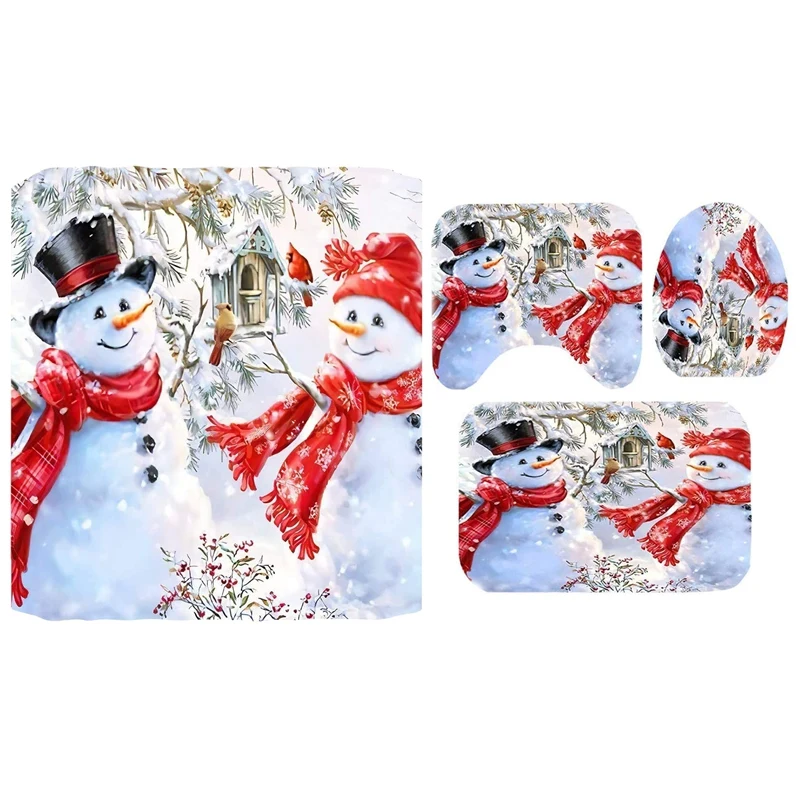 

4 Pcs Xmas Shower Curtain Non-Slip Bathroom Rugs Funny Snowman Merry Christmas Shower Curtain Sets For Bathroom