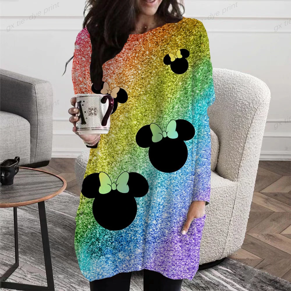 

Disney Minnie Mickey Mouse Print Long T Shirts Autumn Women Loose Pocket Femme Tops Cartoon Tshirt Long Sleeve Ladies T-shirt