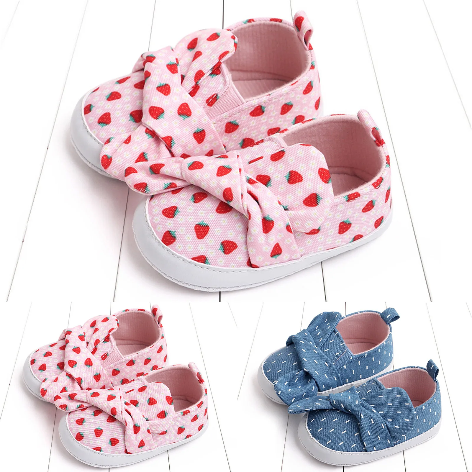 

Обувь на плоской подошве с принтом клубники для маленьких девочек; Нескользящая обувь на мягкой подошве для новорожденных; Свадебная обувь для малышей; Прогулочная обувь без шнуровки