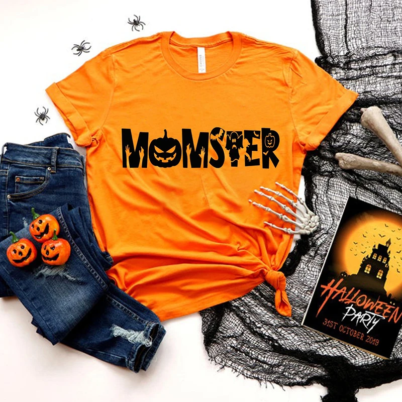 

Momster Funny Halloween T Shirt Women Cotton Orange Colour Tshirt Causal Loose T-shirt Goth Clothes Pumpkin Oneck Womens Clothes