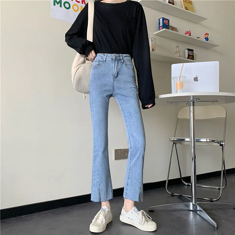 

N6654 Micro trousers women's small nine-point jeans new high waist slim slit pants jeans