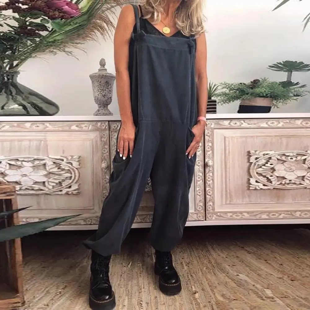 

Pants Overall Sleeveless Women Long Casual Strap Solid Color Pockets Jumpsuit Hand Wash Linen Regular Pants