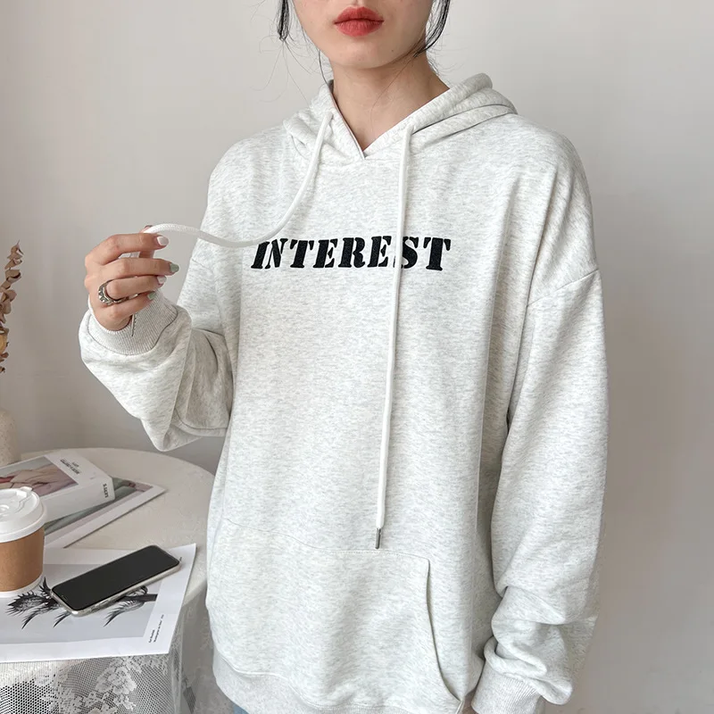 

Flocking alphabet cotton sweater female ins tide spring and autumn American retro lazy Hong Kong style jacket oversize top