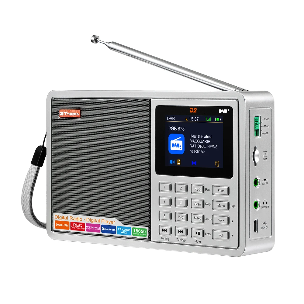 

TF SD Music Player USB Mini Speaker FM Portable D2 DAB Digital Radio BT Speaker with 18650 Rechargeable Battery Support Earphone