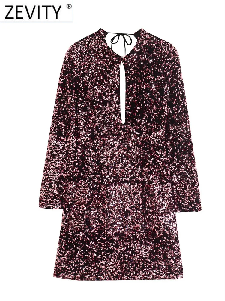 

Zevity Women High Street O Neck Backless Lace Up Sequined Velvet Mini Shirt Dress Female Chic Hole Brand Party Vestidos DS3208