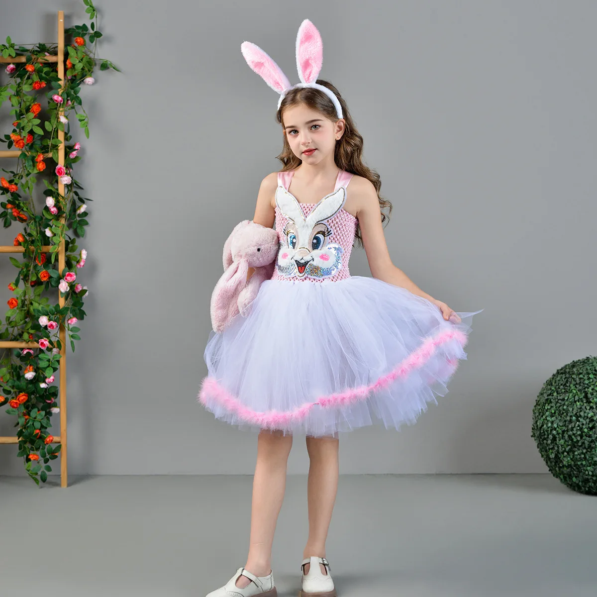 Kids Costume Easter Bunny Rabbit Dress Up Animal Ears Headband Tail Pink Princess Tulle Set for Birthday Party