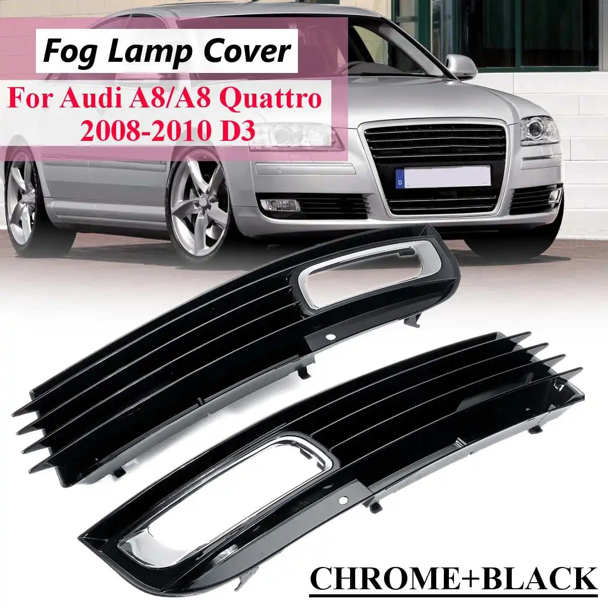 

2PCS Front lower Fog Light Cover Trim Decoration Grill For Audi A8 D3 Quattro 2008 2009 2010 Driving Lamp Bumper Car Accessories