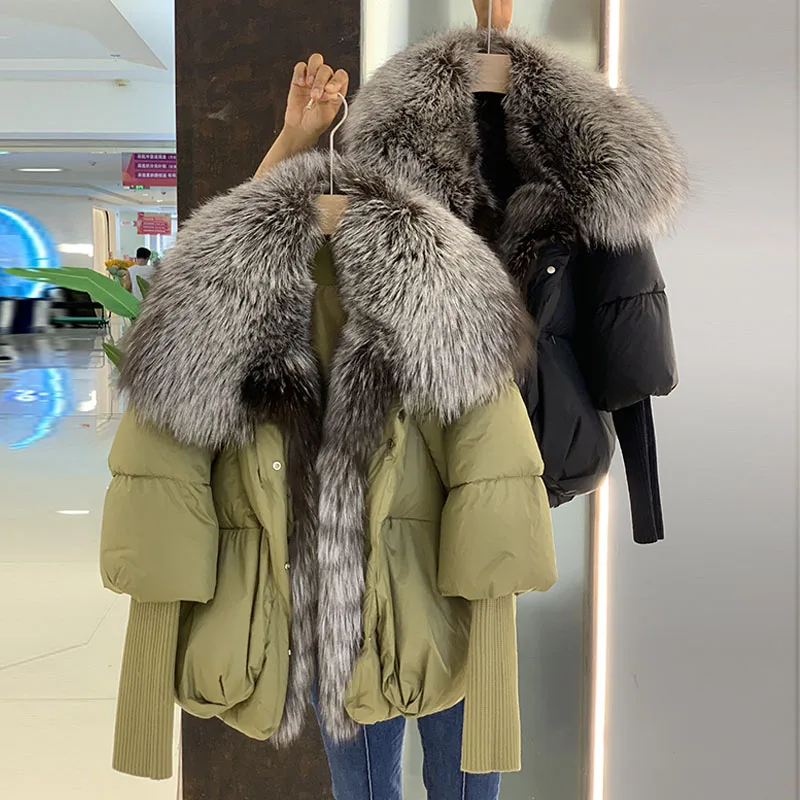 Winter Women Fashion Girl's Real Fox Fur Collar Raccoon Fur Collar Down Jacket Loose Oversize Real Fox Fur Down Jacket