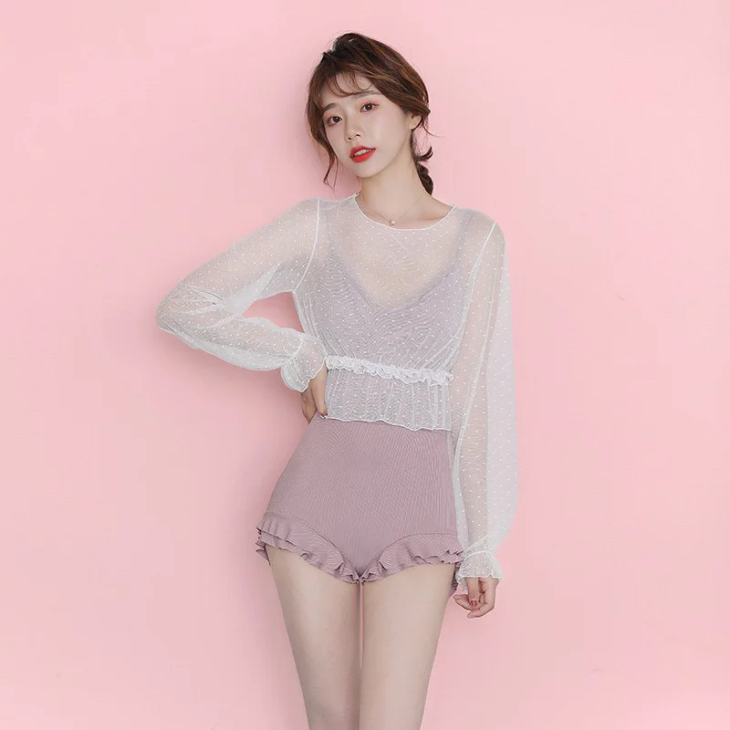 

Купальник цельный женский с высокой талией, комплект из 2 предметов, повседневный однотонный милый облегающий пляжный купальник в Корейско...