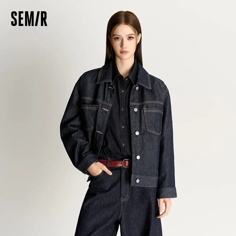 Фото Женская джинсовая куртка Semir с эффектом потертости, отложным воротником, спущенным плечом, свободного кроя, осень 2026, винтажная уличная одежда №2