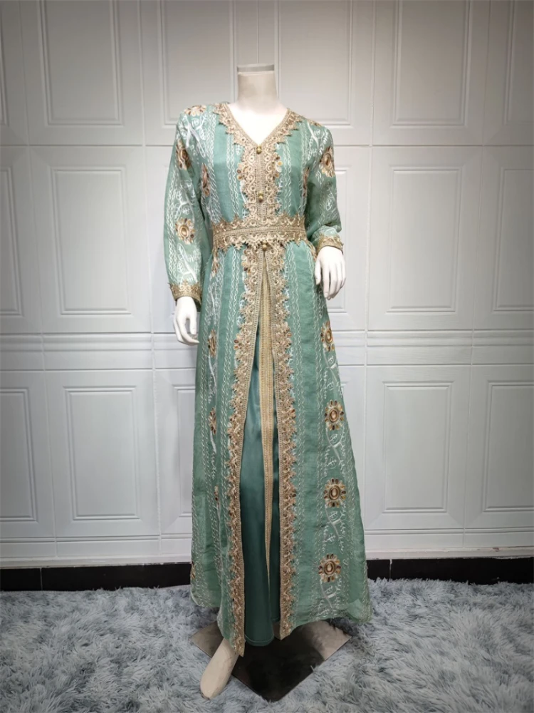 Gorgeous Party Evening Dresses for Women Corban Eid Al Adha New Moroccan Caftan Dubai Mesh Embroidery Lace Gold Tape Trim Abaya