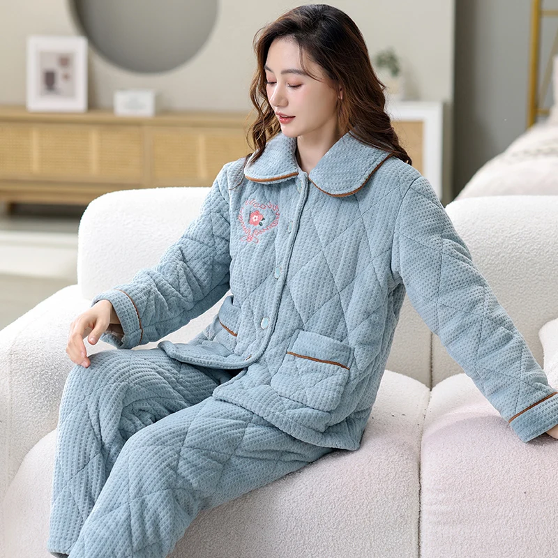 Зимние толстые стеганые Женские Дизайнерские комплекты для сна топы и низ