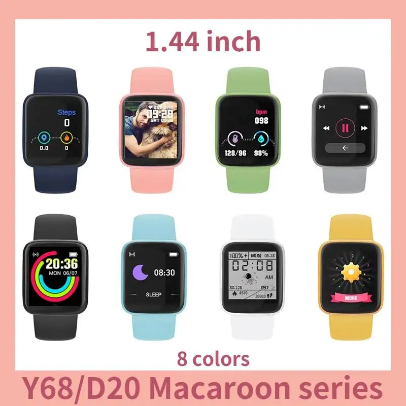 Reloj inteligente D20 para hombre, dispositivo con carga USB, Bluetooth, recordatorio de mensajes, deporte, ritmo cardíaco, Dial personalizado, 1,44 pulgadas, Y68, para Android e IOS