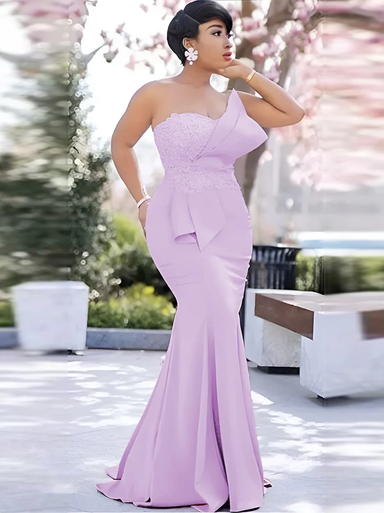 

Evening Long Dress 2023 Luxury Big Size Women Strapless Purple Stylish Robes Floor Length Peplum Lace Patchwork birthday party