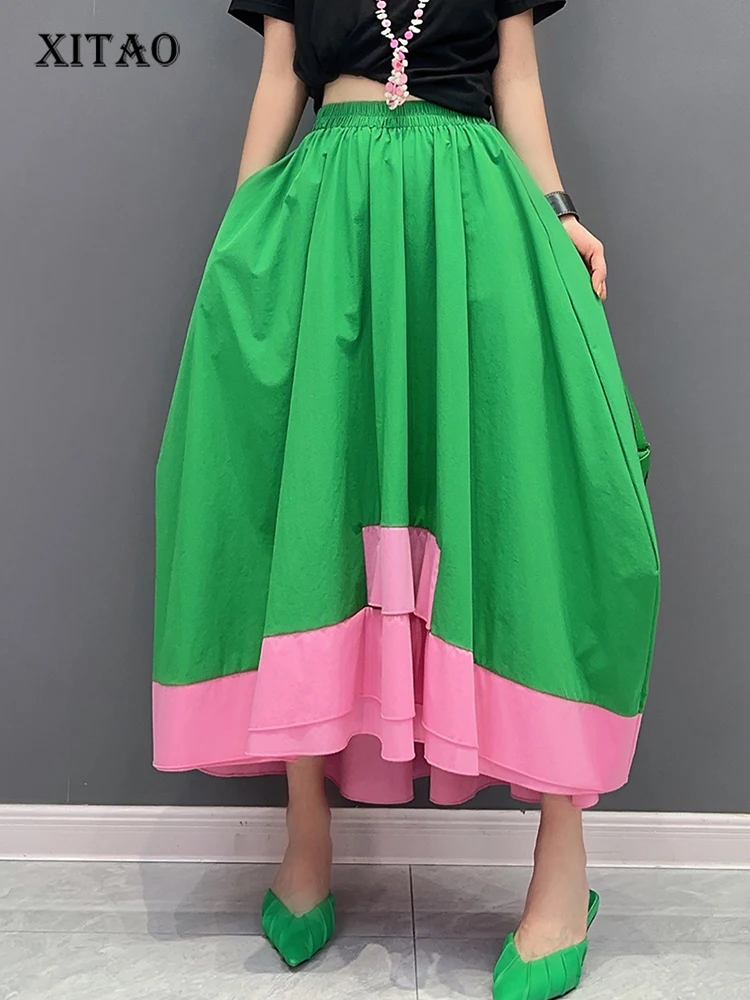 

XITAO Loose Casual Patchwork Skirt Temperament Elastic Waist Irregular 2023 Summer Women New Fashion A-line Skirt DMJ2102