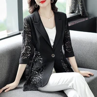 noble black lace suit jacket female 2021 spring summer new fashion elegant single button lady casual thin slim blazer coats club