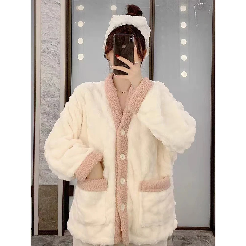 Winter Warm Pajamas Women Fashion Solid Color Thick Sleepwear Sets Home Clothes