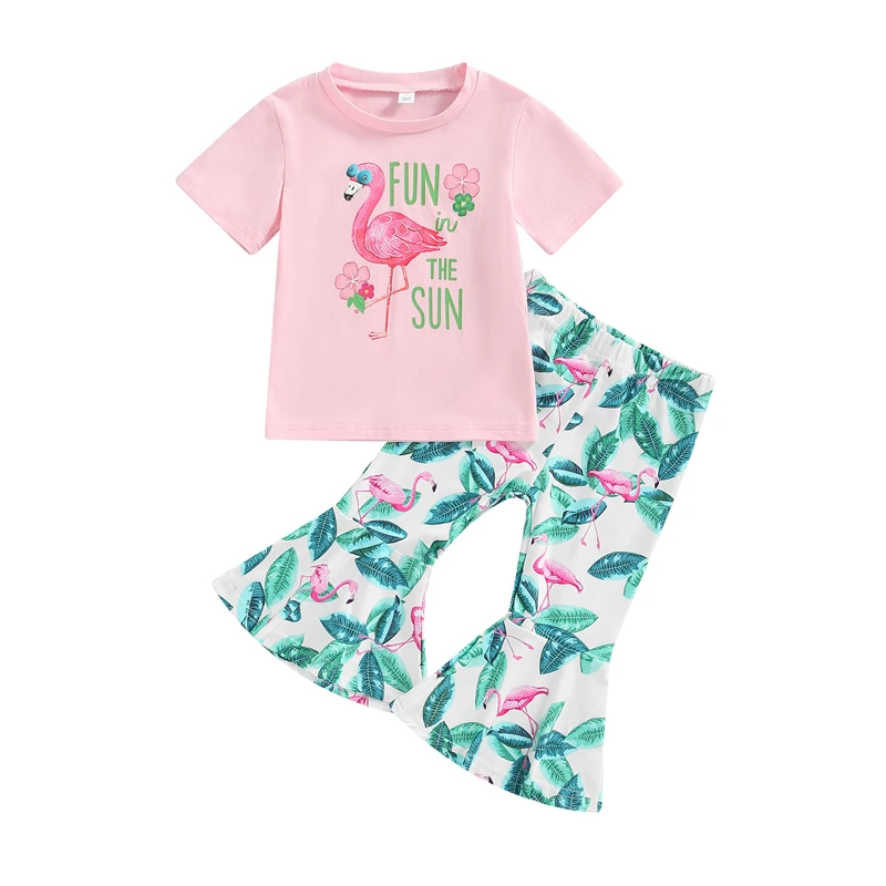 

2-7Y Toddlers Kids Girls Summer 2Pcs Outfit Sets Pink Short Sleeve Letter Print T-shirt Tops + Flamingo Print Flared Pants