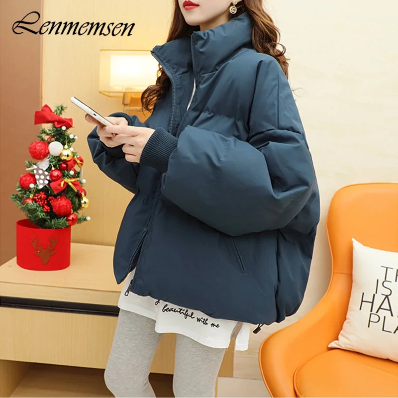 Lenmemsen Thickening Winter Jacket Women Cropped Warm Cotton-padded Parkas Female 2021 Trendy Stand Collar Oversized Solid Coat