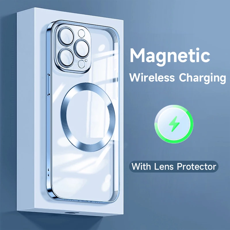 

Luxury Magnetic Wireless Charging Transparent Silicone Case For iPhone 14 12 11 13 Pro Max With Lens Protector Film Soft Cover