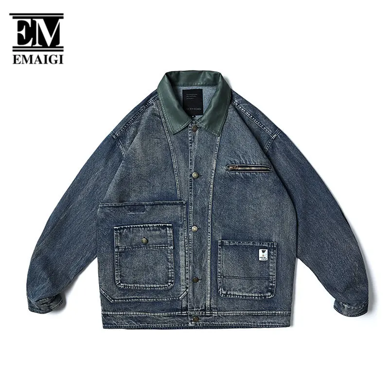 

Куртка мужская джинсовая с кожаным воротником, модная Свободная Повседневная винтажная верхняя одежда из денима, с комбинированным воротником, в уличном стиле, на весну, осень