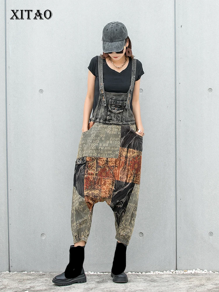 

XITAO Комбинезоны на подтяжках модные уличные модные свободные Необычные джинсовые Лоскутные женские брюки до щиколотки WLD8505