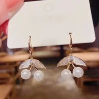 new cute simulation pearl zircon cherry earrings for women sweet girls leaf fruit shaped delicate drop earrings fashion jewelry