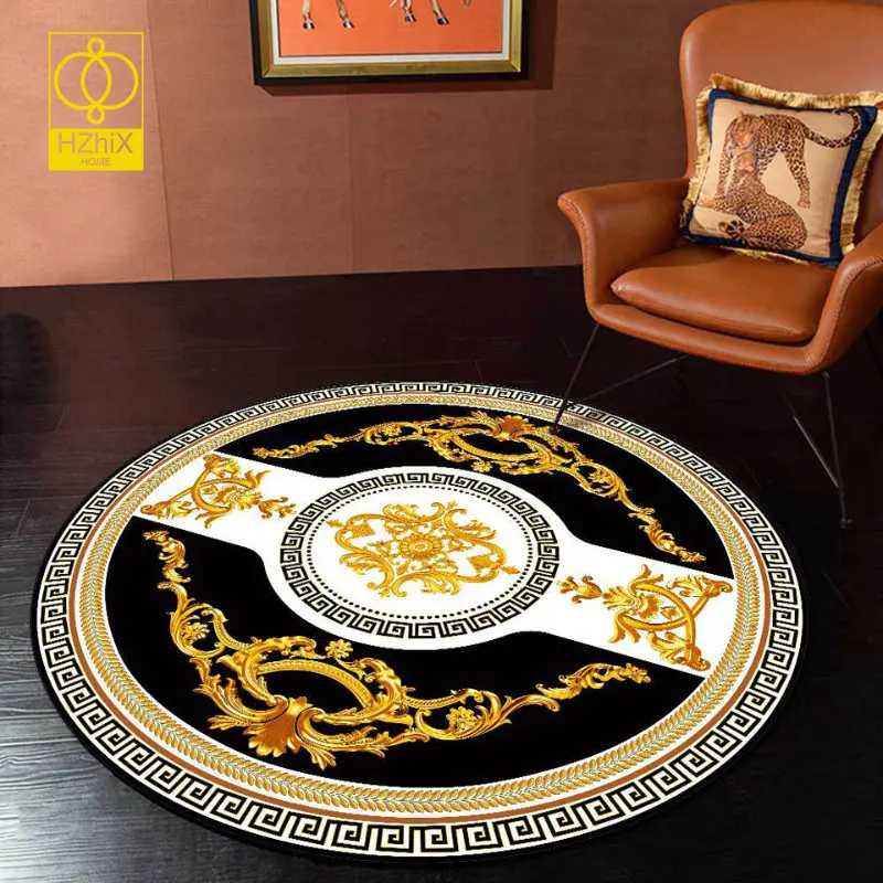 

Baroque Geometric Carpet For Living Room Black White Gold European Round Rugs Bedroom Bedside Decor Chair Anti-slip Circle Mat