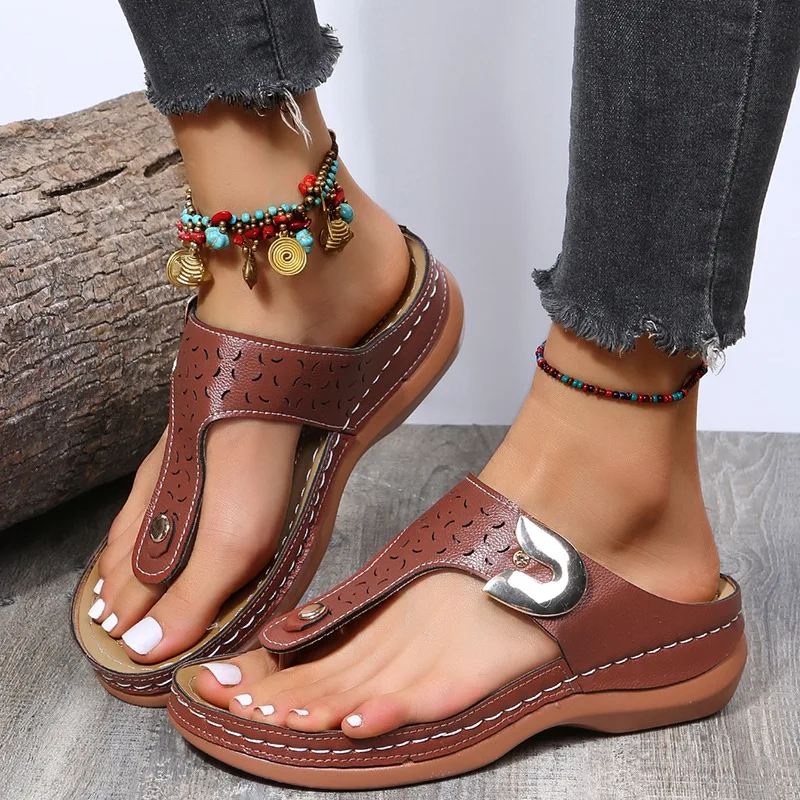 

Women Slippers Casual Wedge Flip-Flops Platform Comfortable Roman Ladies Beach Sandals Summer Thongs Hollow Metal Buckle Slope