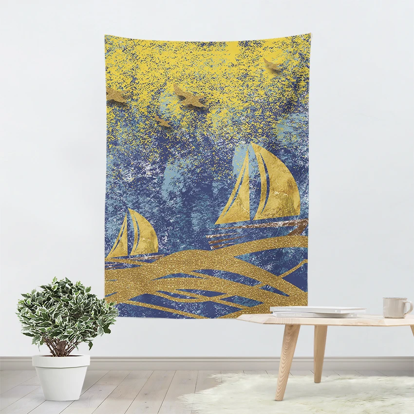 

Абстрактный настенный гобелен 60x90 см, золотой, Морской парусник, парусная лодка, домашний декор, картина на заказ, холст, плакат, баннер