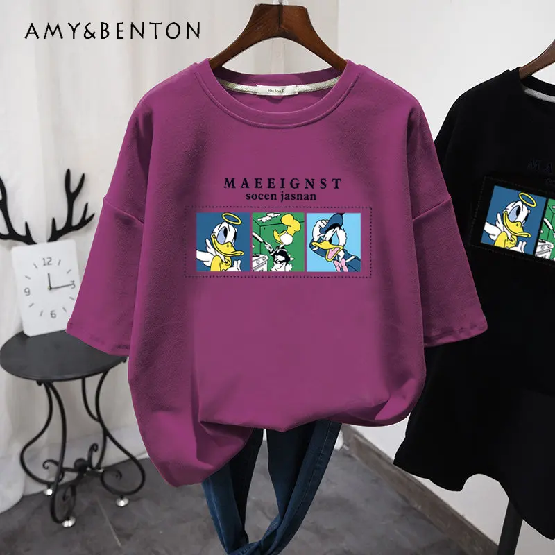 

Short Sleeve T-shirt for Women Thickened Sanded Fabric Cartoon Printed Bottoming T-Shirt Mid-Length Loose Plus Size Pullover Top